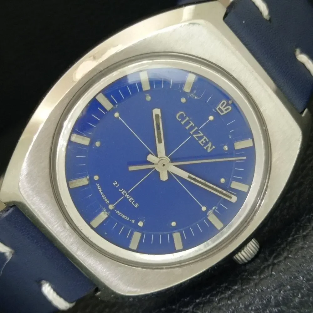 Vintage 1980 Citizen Manual Wound Mens Silver Watch & Blue accents